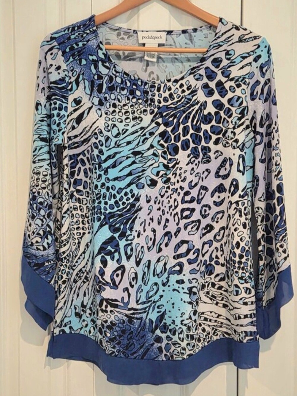 Peck & Peck Blue Animal Print Blouse Cobalt Chiffon Trim Medium